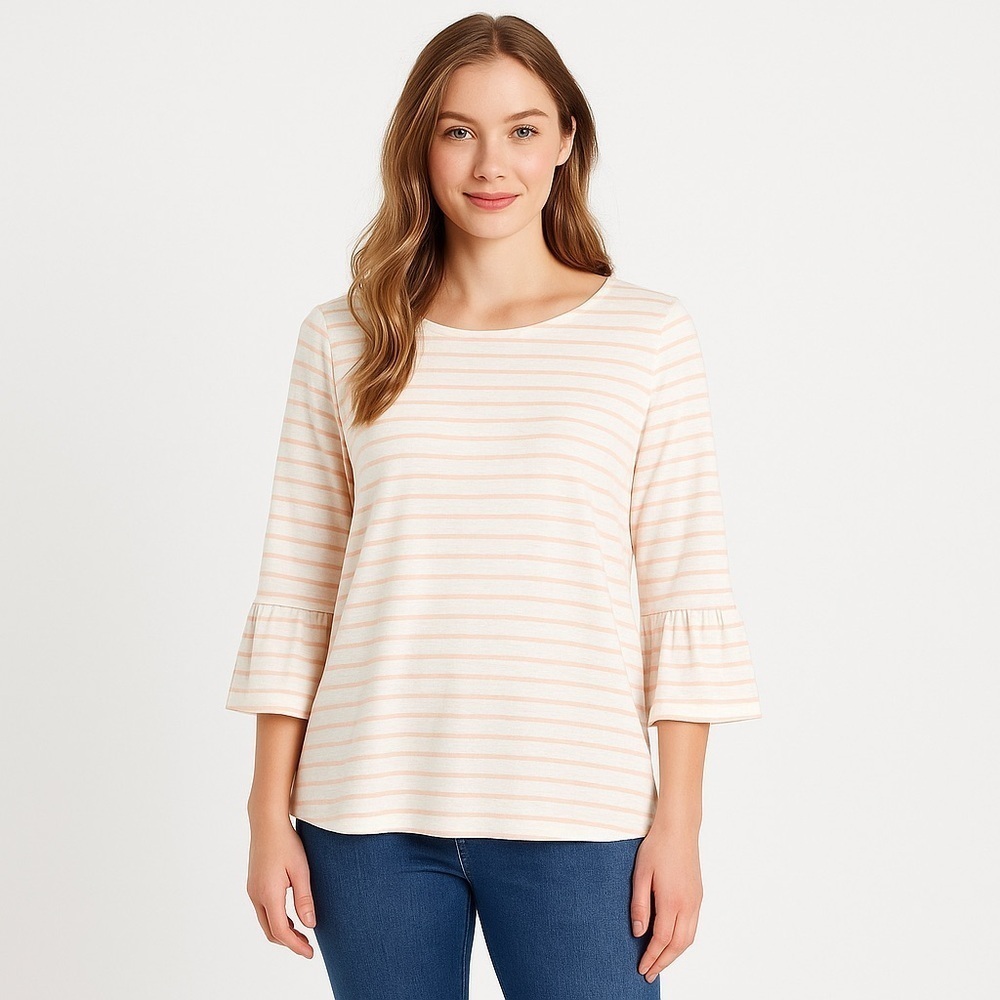 CREMIEUX Women’s PEACH & Cream Striped Bell Sleeve Top Size M